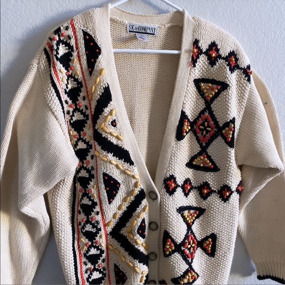 Vintage Tribal Beaded Button Down Cardigan Grandpa Sweater - Picture 4 of 7